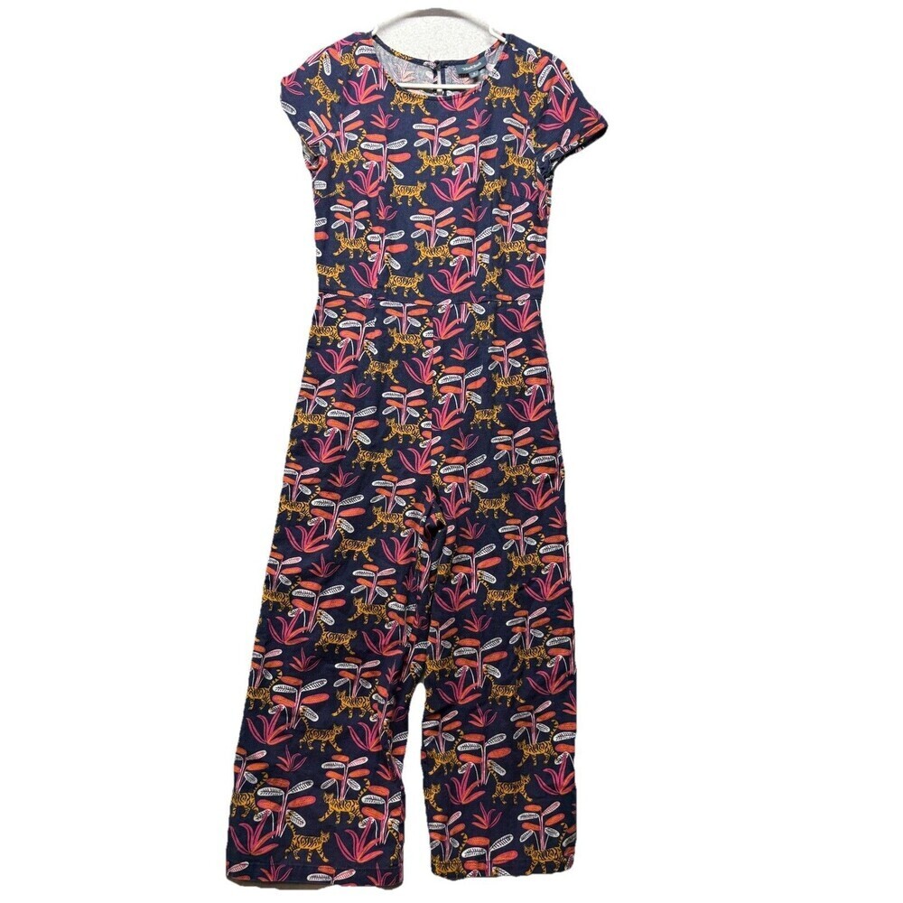 ModCloth Bold Notion Navy Cheetah Jumpsuit Size S Linen Viscous Blend Pockets